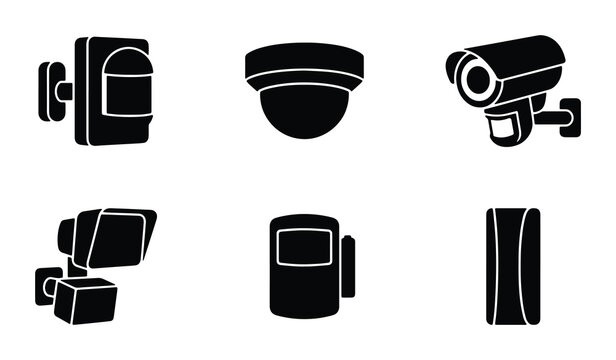 Security System Icons: Motion Detector, Dome Camera, Bullet Camera, CCTV, Surveillance Equipment, Vector Graphics