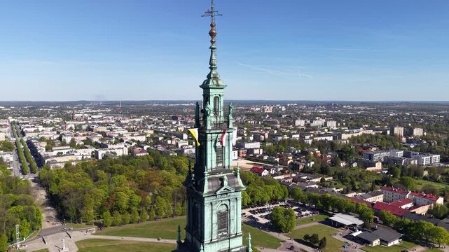 Aerial view of Jasna Gora Monastery tower in Czestochowa, Poland