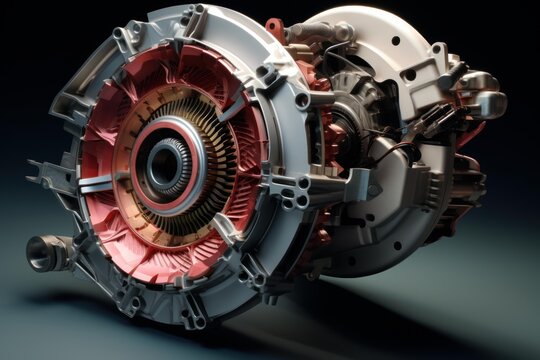 Electric motor revealing its complex internal components, highlighting engineering and industrial design