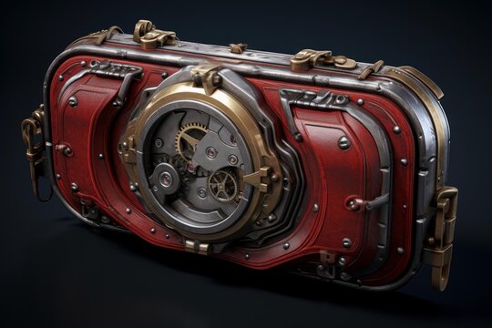 Close up of a steampunk inspired device featuring intricate gears, red leather, and metallic details, evoking a sense of vintage technology and craftsmanship