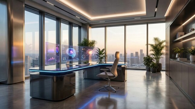 Futuristic office workspace with ai technology and city view at sunset