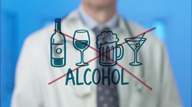 Medical professional drawing a red line through various alcoholic drink icons on a glass screen, visually representing the concept of quitting drinking and promoting a healthy, sober lifestyle