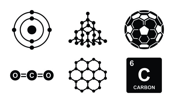 Carbon Element Icons: Atomic Structure, Diamond, Graphene, CO2 Molecule, Soccer Ball, Periodic Table Symbol