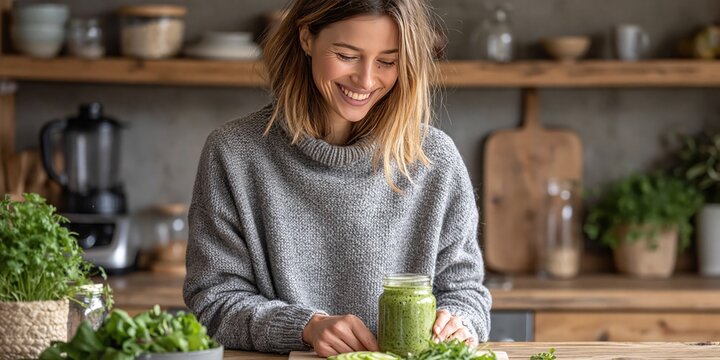 Woman making a healthy green smoothie