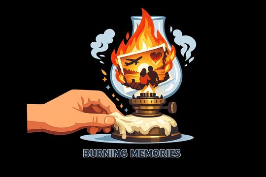 A person's hand holds a burning glass with a photo inside, potentially revealing a hidden message or memory