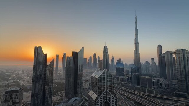 Panoramic skyline of downtown Dubai city at sunrise, United Arab Emirates