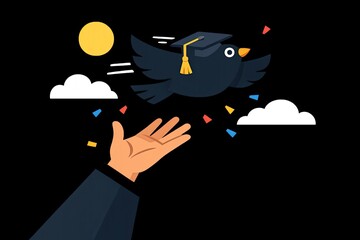 Naklejka premium A person reaches out to grasp a flying bird, wearing a graduation cap as a symbol of achievement