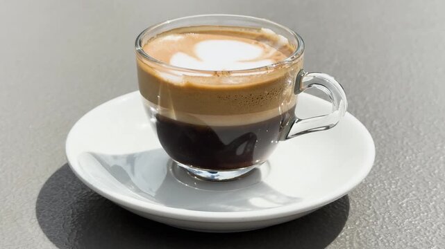 Fresh espresso macchiato in glass cup on outdoor cafe table