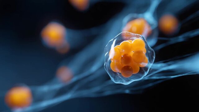 Futuristic biomedical background with glowing orange cell clusters, transparent molecules and blue microscopic network, healthcare innovation concept biomedical background