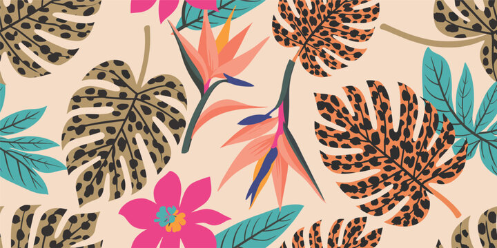 Tropical Pattern with Leopard Print Leaves and Bird of Paradise Flowers vector illustration