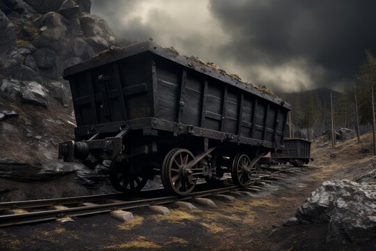 Wooden mining cart carrying coal on rails in a dramatic mountain landscape