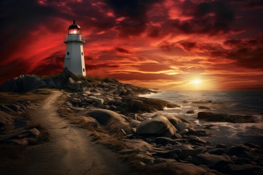 White lighthouse illuminating rocky coastline at sunset with dramatic red sky