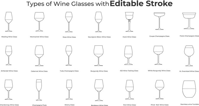 Set of various wine glasses line art vector with editable stroke, different types of drinkware outline collection and minimalist bar menu icons.