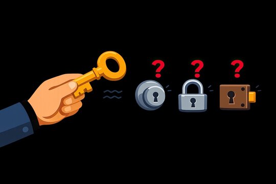 A human hand grasping a key with question marks, representing inquiry and uncertainty