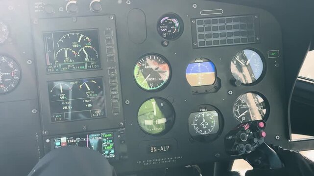 Helicopter cockpit instrument panel during flight