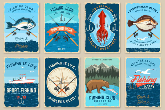 Vintage Fishing Poster Collection with Retro Nautical Adventure and Sport Fishing Designs. Retro marine sticker pack vector set for apparel, branding and sport fishing design.
