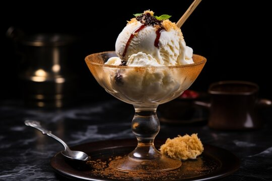 Creamy vanilla ice cream served in a sophisticated glass bowl, topped with crunchy crumble, rich chocolate sauce, and a fresh mint leaf