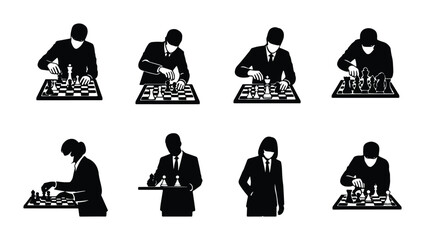 Business Strategy Icons, Chess Player Silhouettes, Strategic Thinking Vector Set, Decision Making Graphics © Mariyam