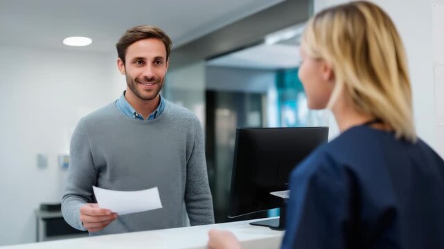 Smiling male patient receiving documents from female clinic receptionist at modern medical front desk, healthcare service concept Keywords: clinic reception, medical receptionist