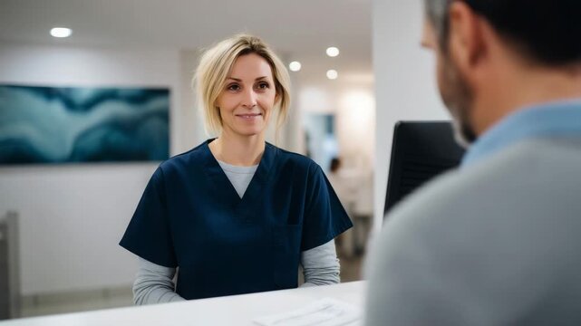 Female healthcare assistant handing paperwork to smiling patient at clinic reception counter, friendly medical administration scene healthcare receptionist, clinic assistant