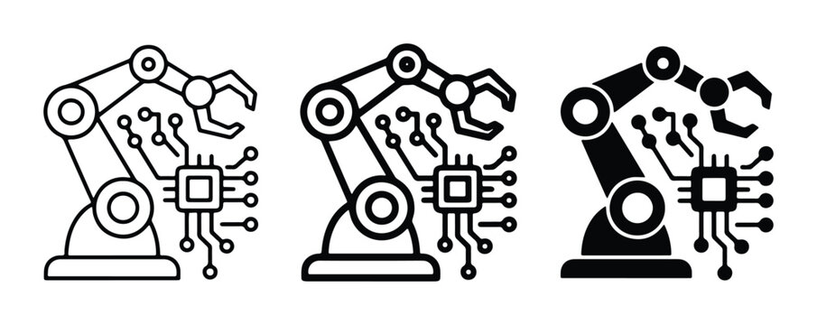 Robotic Arm Icons, Industrial Automation Technology, Circuit Board Chip, Manufacturing Process, Vector Set