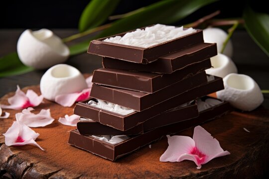 Delicious dark chocolate bars with coconut flakes, forming a tempting stack on a wooden surface with pink flower petals and meringue cookies