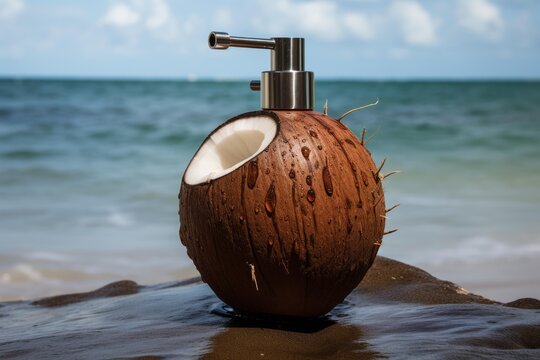Coconut shell soap dispenser on a wet rock by the sea demonstrating sustainable tourism