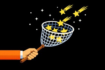 Fototapeta premium A person's hand holds a net as stars begin to appear in the night sky, perfect for use in astronomy or cosmic themed designs