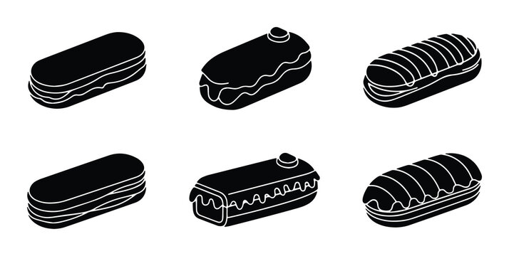 Six Black Eclair Icons, Pastry Vector Set, Sweet Dessert Graphics, Chocolate Cream Pastries