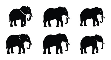 Six Black Silhouette Elephants, African Wildlife Icons, Vector Art Collection, Safari Mammal Graphics © Rashidul