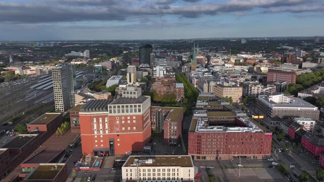 Cityscape of Dortmund Old Town, Aerial Drone Shot in Soft Evening Light. Nord Rhine Westfallen, Germany. 
