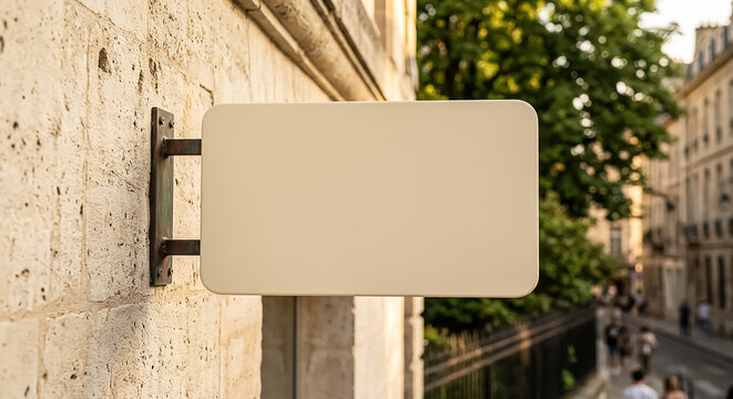 Blank rectangular storefront sign mounted on a rustic stone wall in a charming european city street provides a perfect space for custom branding mockups in this professional outdoor architectural phot