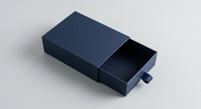 High quality navy blue sliding gift box featuring a convenient ribbon pull tab for easy opening in this clean professional studio photograph designed for luxury branding and premium product packaging 