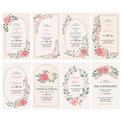 Naklejka premium Set of floral wedding invitations with botanical wreaths, blush flowers and elegant romantic stationery style