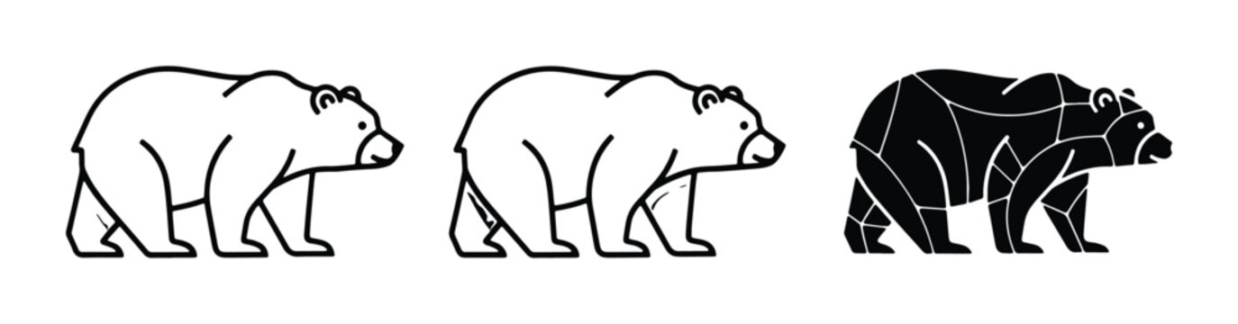 Set of three bear icons, outline, silhouette, and geometric design, vector graphics for wildlife and nature themes