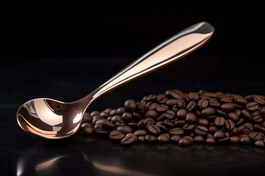 Roasted coffee beans and golden spoon on a black reflective surface