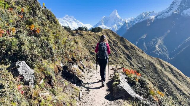 Female hiker walking toward Himalayan peaks in Nepal