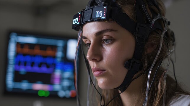Young woman wearing a brainwave eeg sensor headset during a medical neurological brain scan test