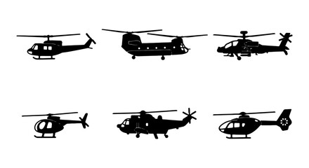 Set of 6 Helicopter Silhouettes, Military and Civilian Aircraft Icons, Aviation Vector Graphics © Tahmina