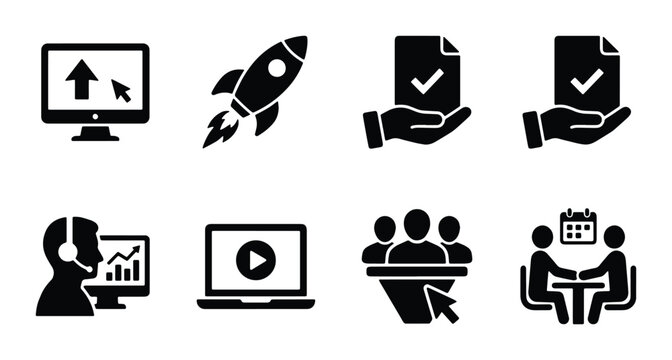 Business Icons Set: Startup Rocket, Computer Upload, Meeting, Customer Support, Video Play, Sales Funnel, Calendar, Document Approval