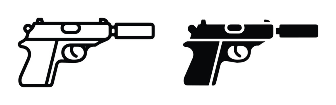 Pistol with Silencer Icons, Handgun Weapon Vector Graphics, Firearm Symbols for Security and Law Enforcement
