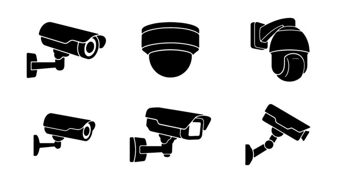 Security Camera Icons, Surveillance Equipment Vector Set, CCTV Monitoring System Graphics