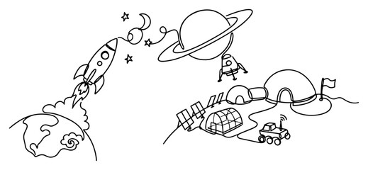 Space station base with lunar rover and domes on distant planet in one line drawing style © Cristiano