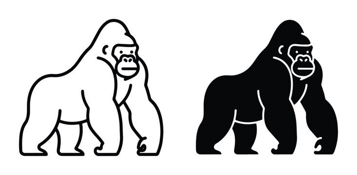Gorilla Icons, Primate Vector Art, Ape Silhouette, Wild Animal Graphics, Black and White, Simple, Modern, Mammal