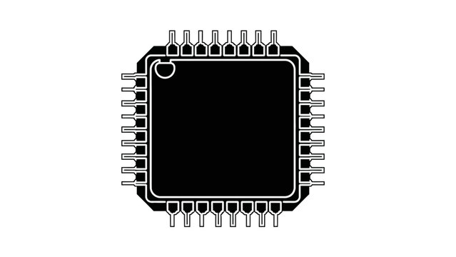 Black integrated circuit chip with many pins, top view, isolated on white background