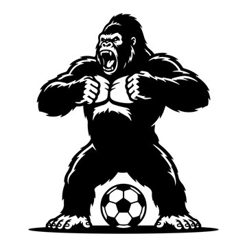 Angry gorilla pounding chest with soccer ball at feet in bold black stencil style
