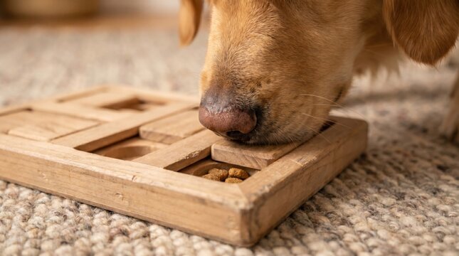 Close up of a golden dog sniffing a wooden interactive puzzle feeder toy with hidden dry treats