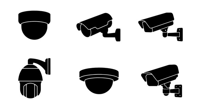 Security Camera Icons Set, Surveillance System Vector Graphics, CCTV Equipment Collection