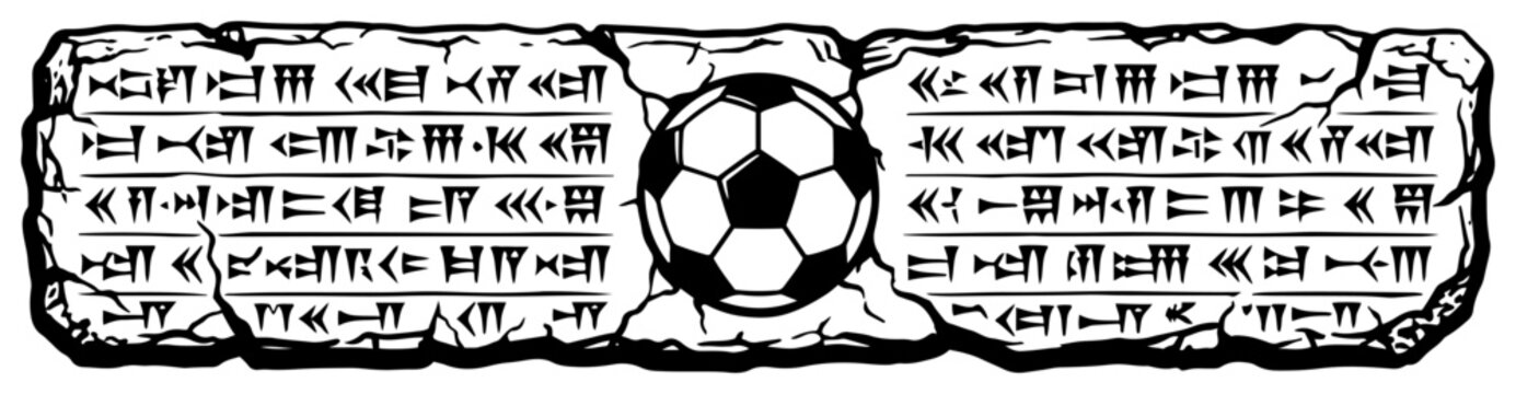 Ancient stone tablet with cuneiform script and soccer ball in detailed engraving style
