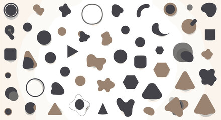 Fototapeta premium Whimsical collection of diverse abstract geometric and organic shapes, presented in a muted palette of brown, grey, and black, playfully scattered across a soft light beige background.